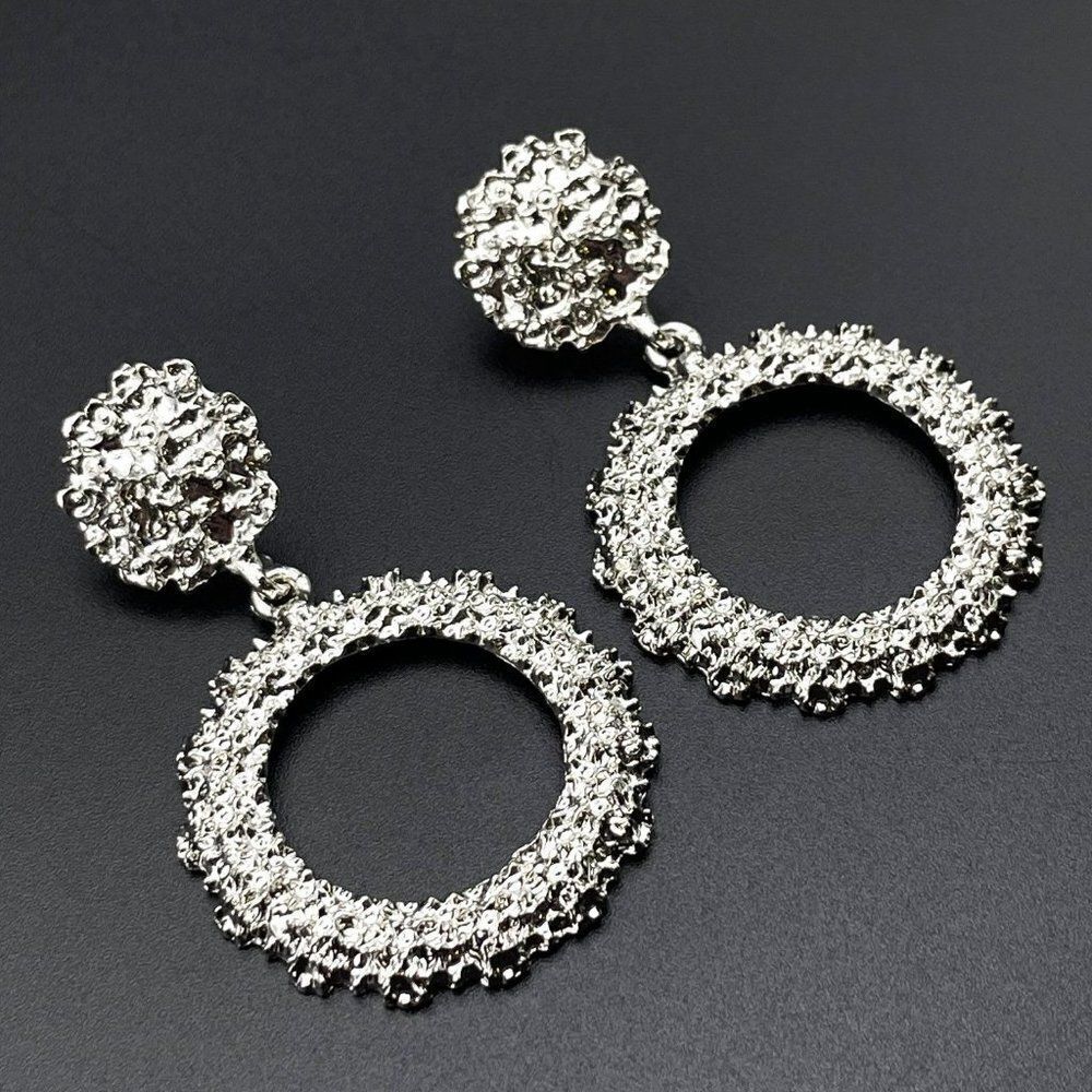 Silver Double Round Circular Textured Dangling Drop Post Back Earrings
